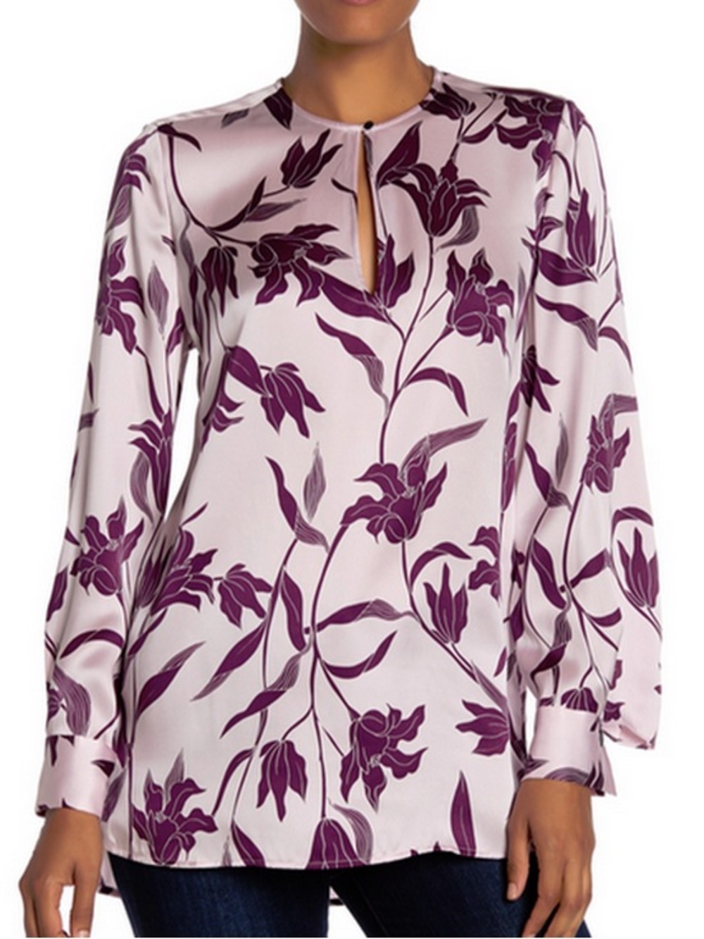 Equipment Delainey Silk Satin Floral Long Sleeve Blouse Purple Plum XS Career